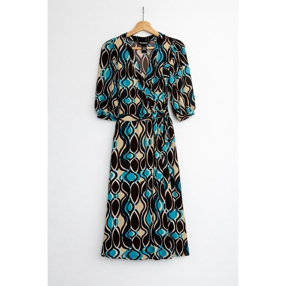 Bisou Bisou Wrap Dress Brown Beige Turquoise Geometric Print Chic Size 4